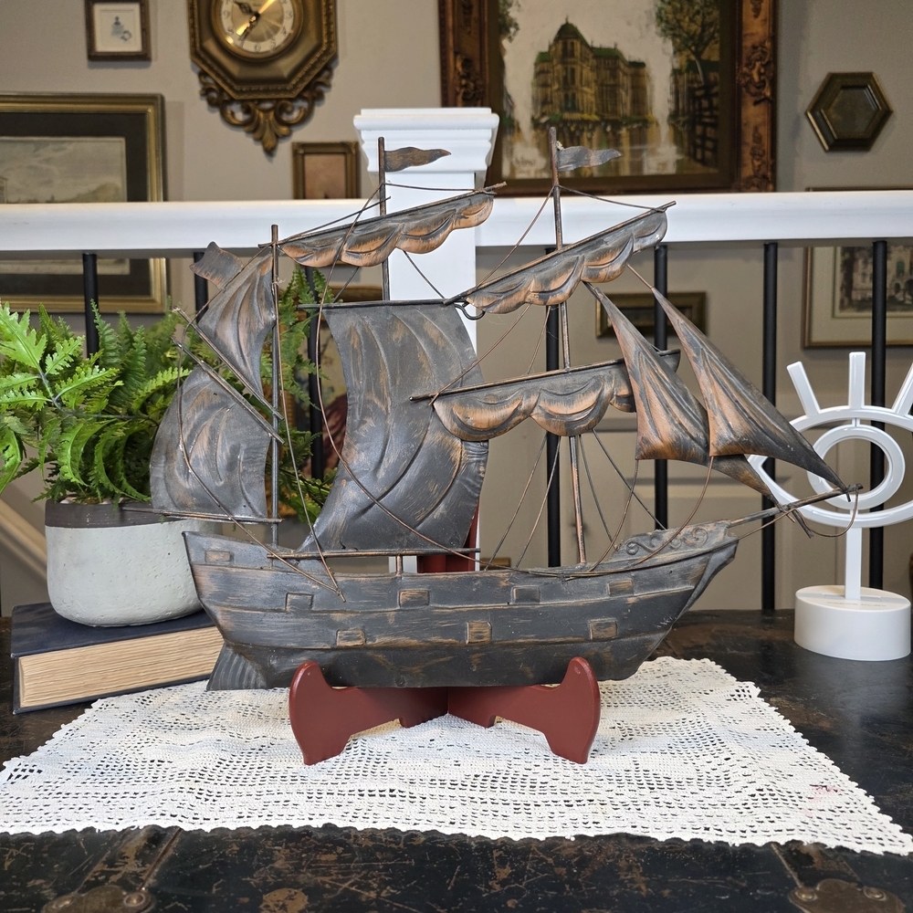 Vintage Metal Tall Ship Model Sculpture Galleon Nautical Maritime Coastal Decor